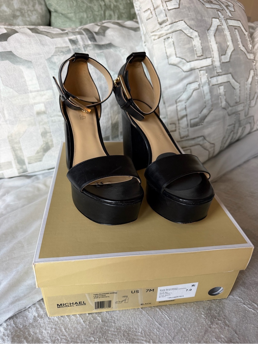MICHAEL KORS Tara Black Leather Platform Ankle-Strap Sandals
